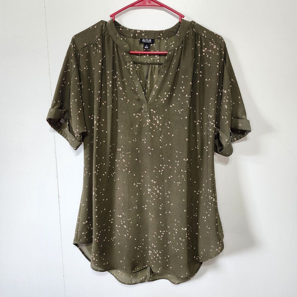 a.n.a A New Approach Olive Green Speckled Floral V-Neck Tunic Blouse Size S